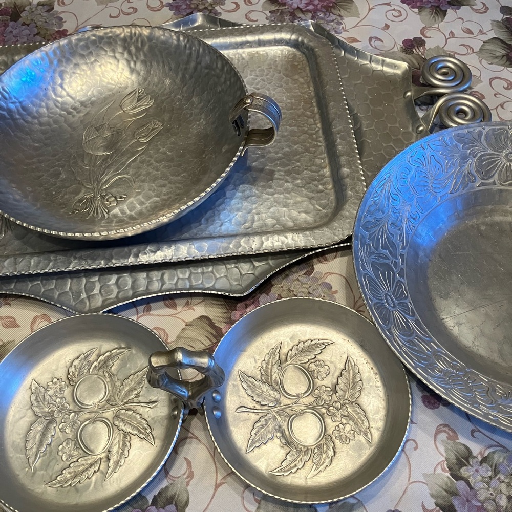 FIVE Hand-Forged Silver PIECES~trays,candy dish,and two bowls 1950s